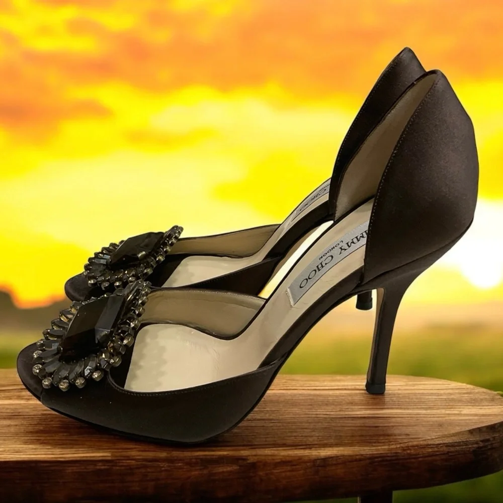 Jimmy Choo Bejeweled Brown Satin Pumps, Vintage, Excellent Condition, Sz 8.5/39 - Picture 2 of 16